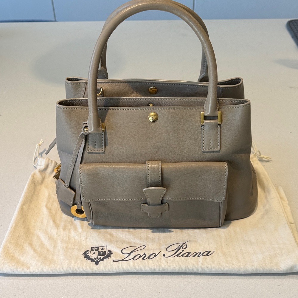 Loro Piana Gray Leather Satchel with Gold Accents